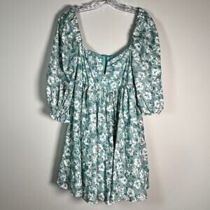 Storia Floral Print Puff Sleeve Mini Babydoll Dress Women's Size S Green/White